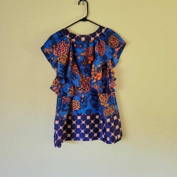 Anthropologie Fei Swirled Azita Blouse V Neck Ruffle Sleeve vibrant Satin Size S - Picture 6 of 7
